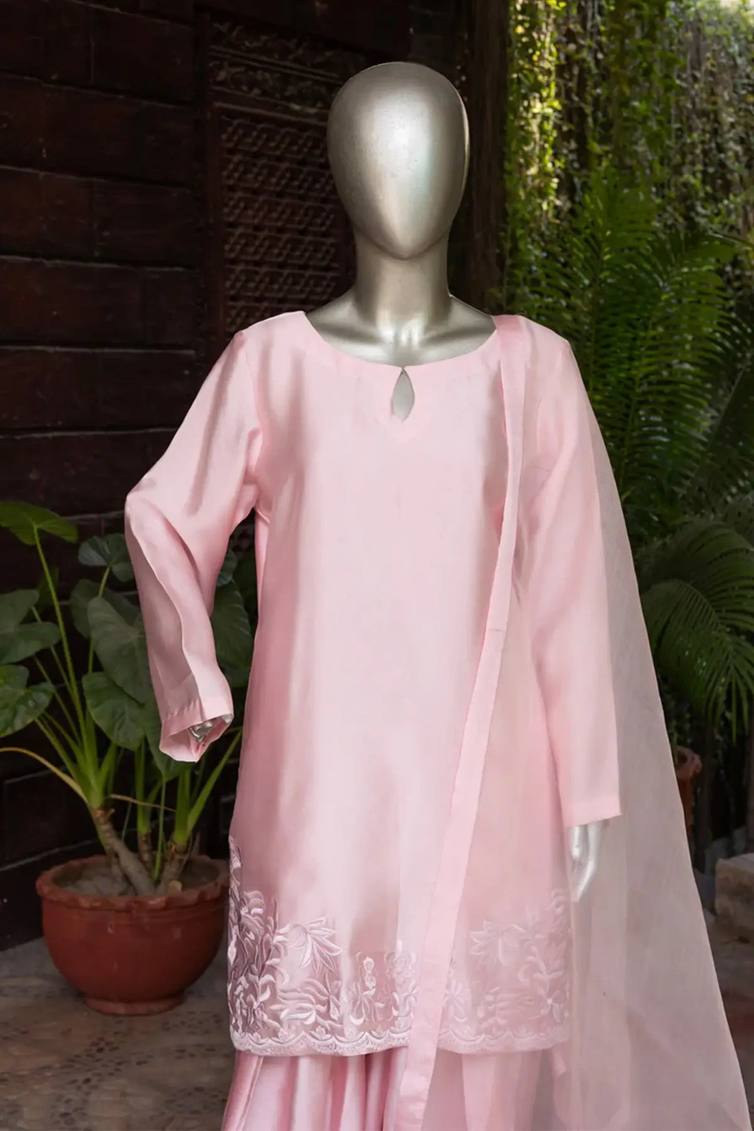 Haya - Elegant Powder Pink Sheesha Silk Suit with Embroidery and Dupatta