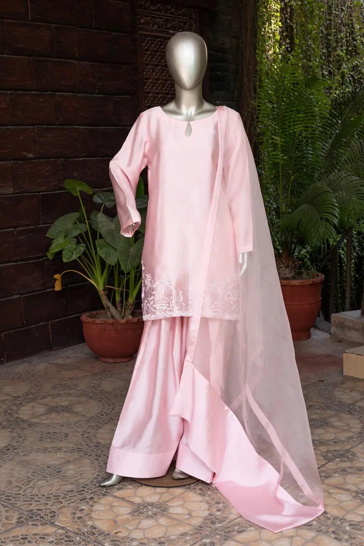 Haya - Elegant Powder Pink Sheesha Silk Suit with Embroidery and Dupatta