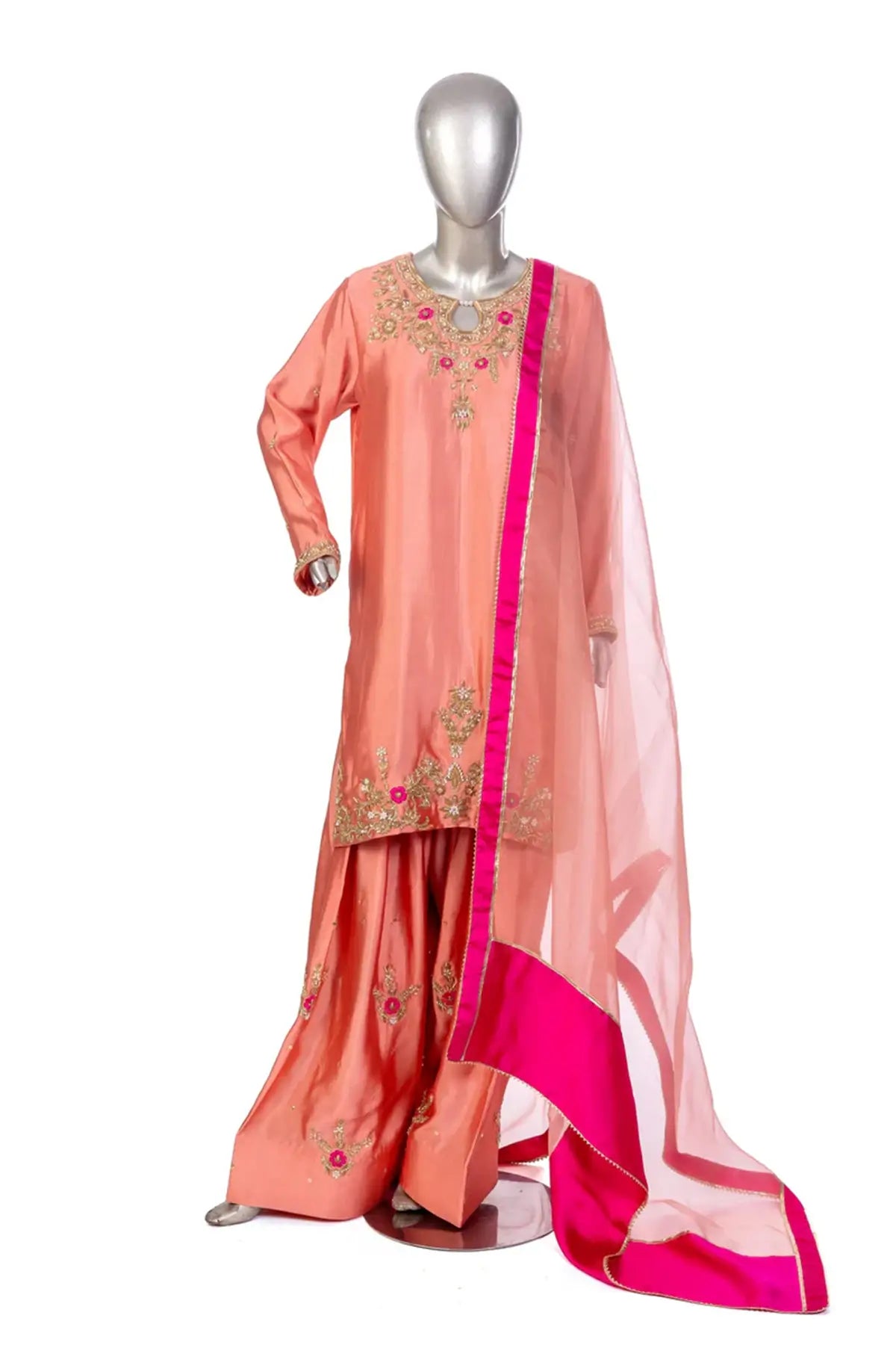 Hiba – Peach Pink Designer Sheesha Silk Dress with Embroidery Online