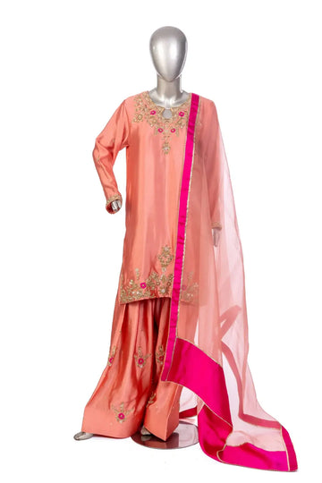 Hiba – Peach Pink Designer Sheesha Silk Dress with Embroidery Online