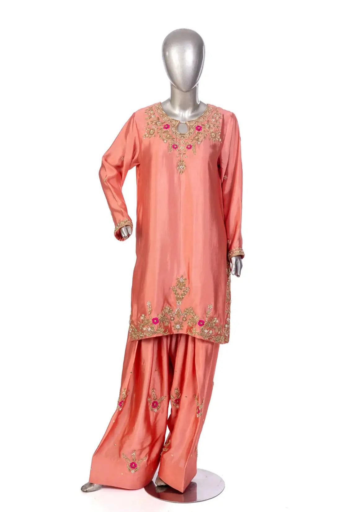 Hiba – Peach Pink Designer Sheesha Silk Dress with Embroidery Online