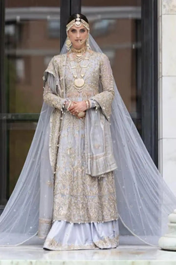 Ice Blue Opulence – Pakistani Bridal Dress with Embroidery & Custom Stitching for Overseas Brides