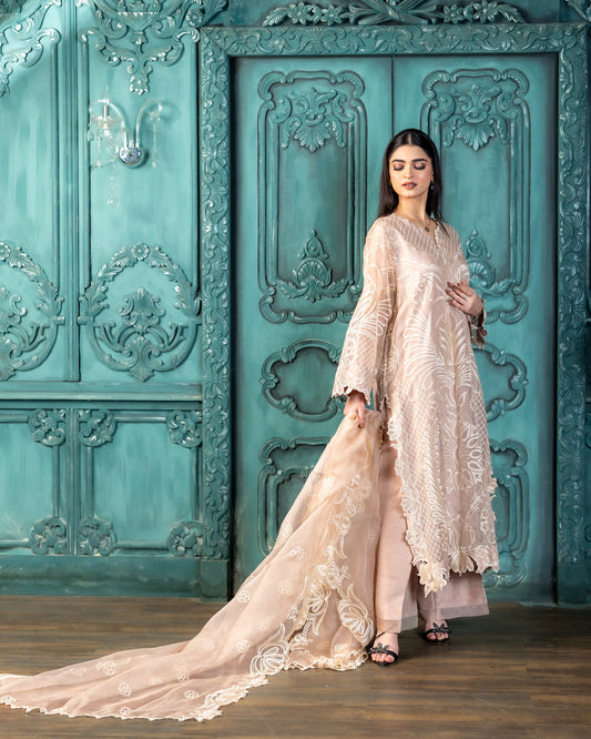 Buy peach organza Pakistani embroidered suit online MariamRaj