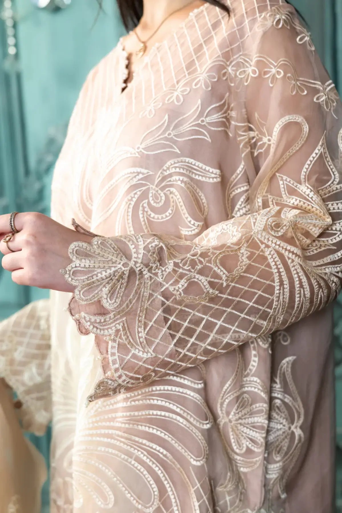 Ifrah – Shop Luxury Peach Organza Suit with Korean Silk Pants Online