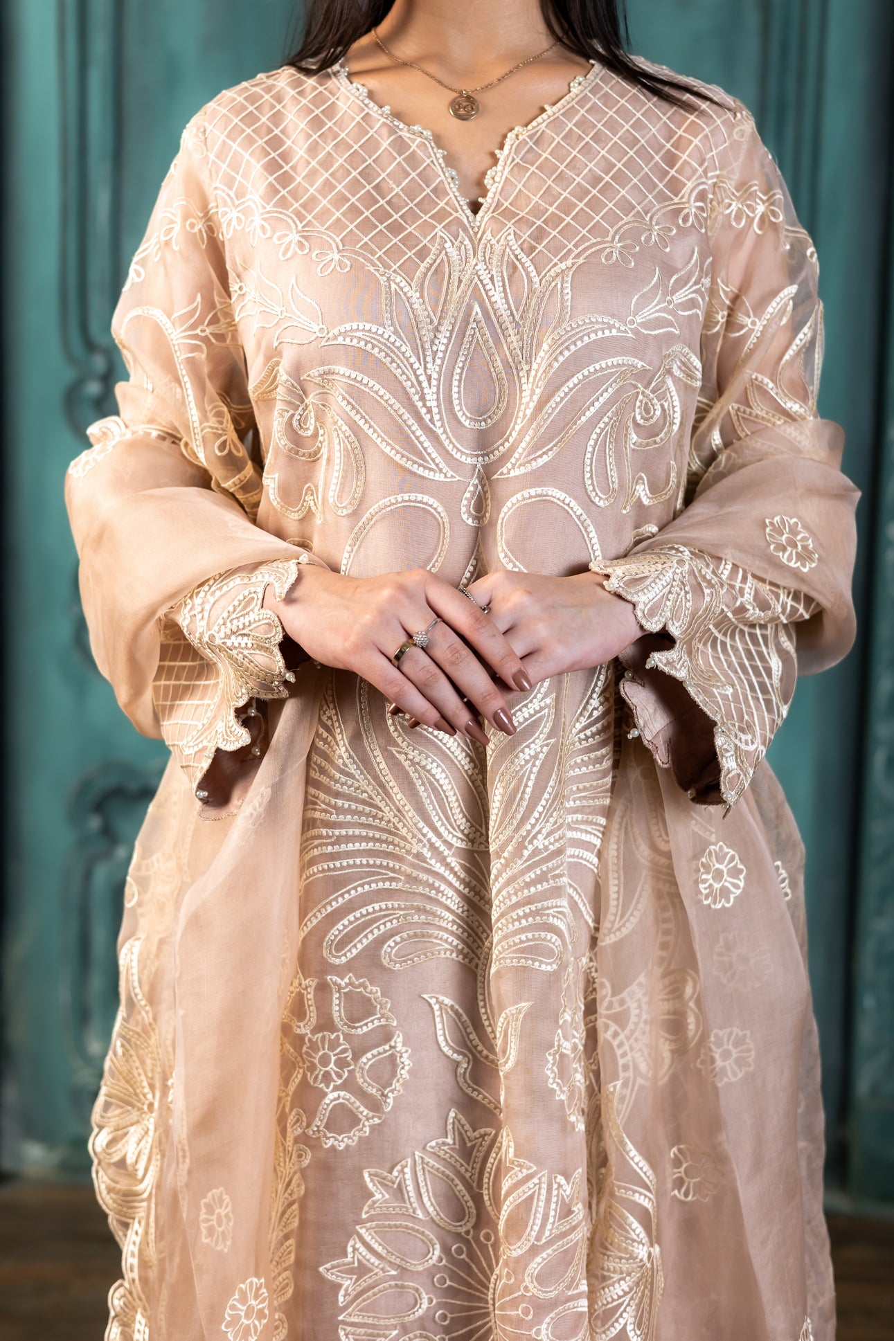 Buy peach organza Pakistani embroidered suit online MariamRaj