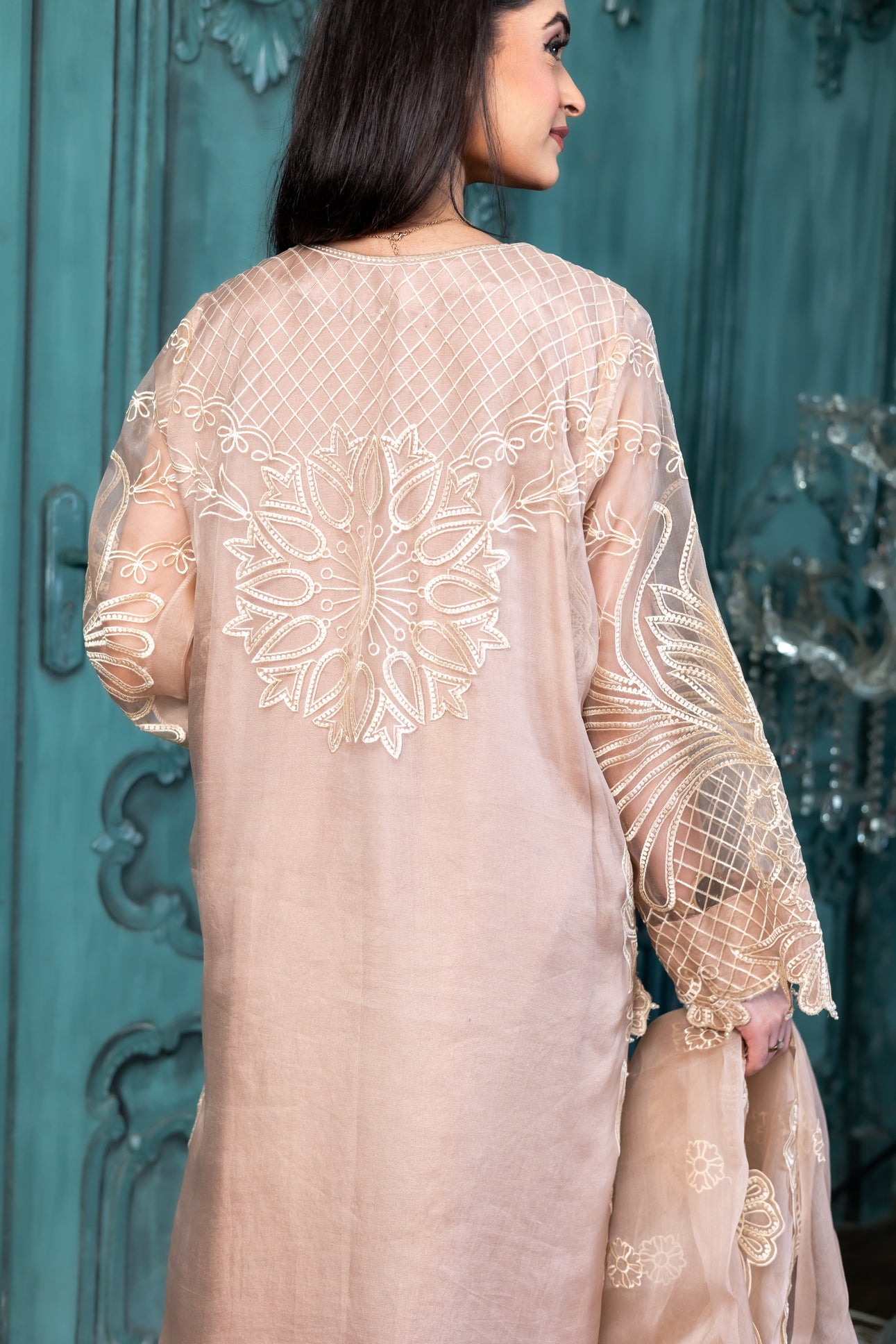 Buy peach organza Pakistani embroidered suit online MariamRaj
