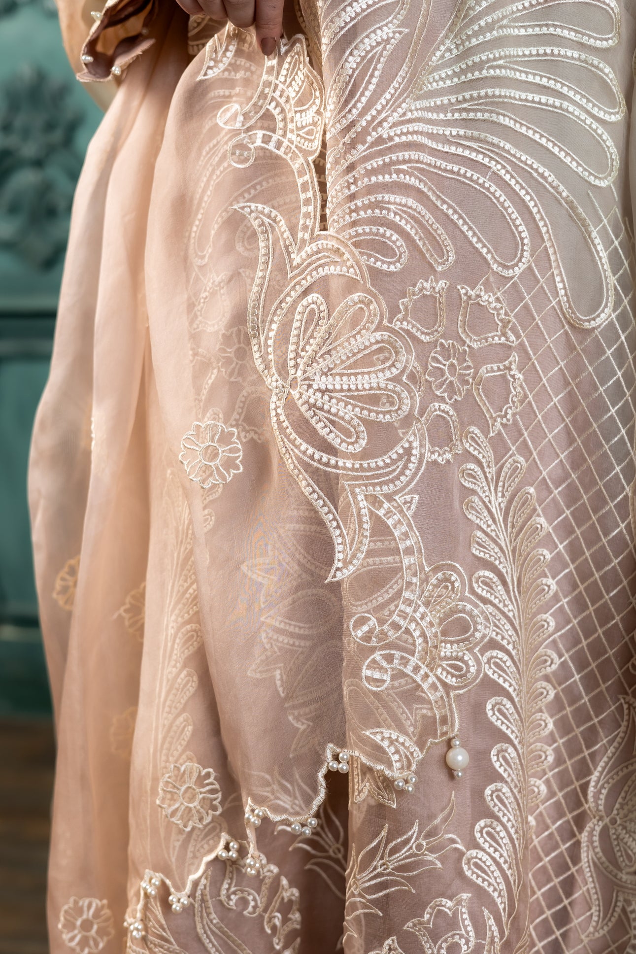 Buy peach organza Pakistani embroidered suit online MariamRaj
