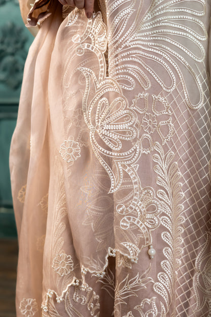 Buy peach organza Pakistani embroidered suit online MariamRaj