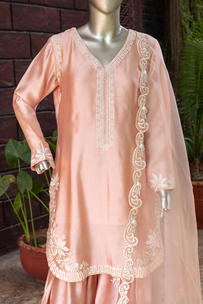 MariamRaj soft rose pink sheesha silk short shirt with hand embroidery, paired with embroidered farshi shalwar and organza dupatta for Pakistani women in USA and Canada.