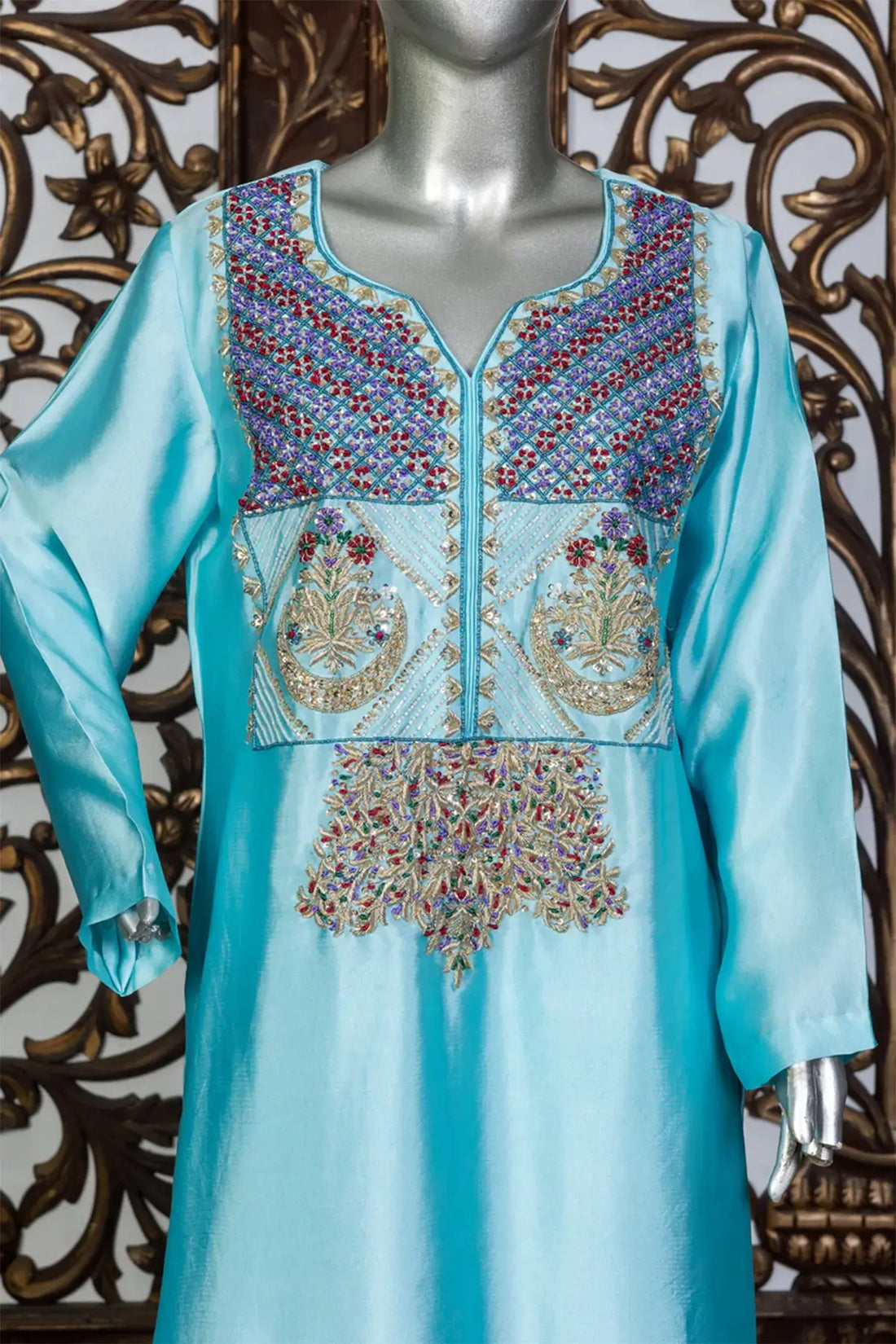 Irzah – Pakistani Embroidered Silk Outfit for Formal Functions with Net Dupatta