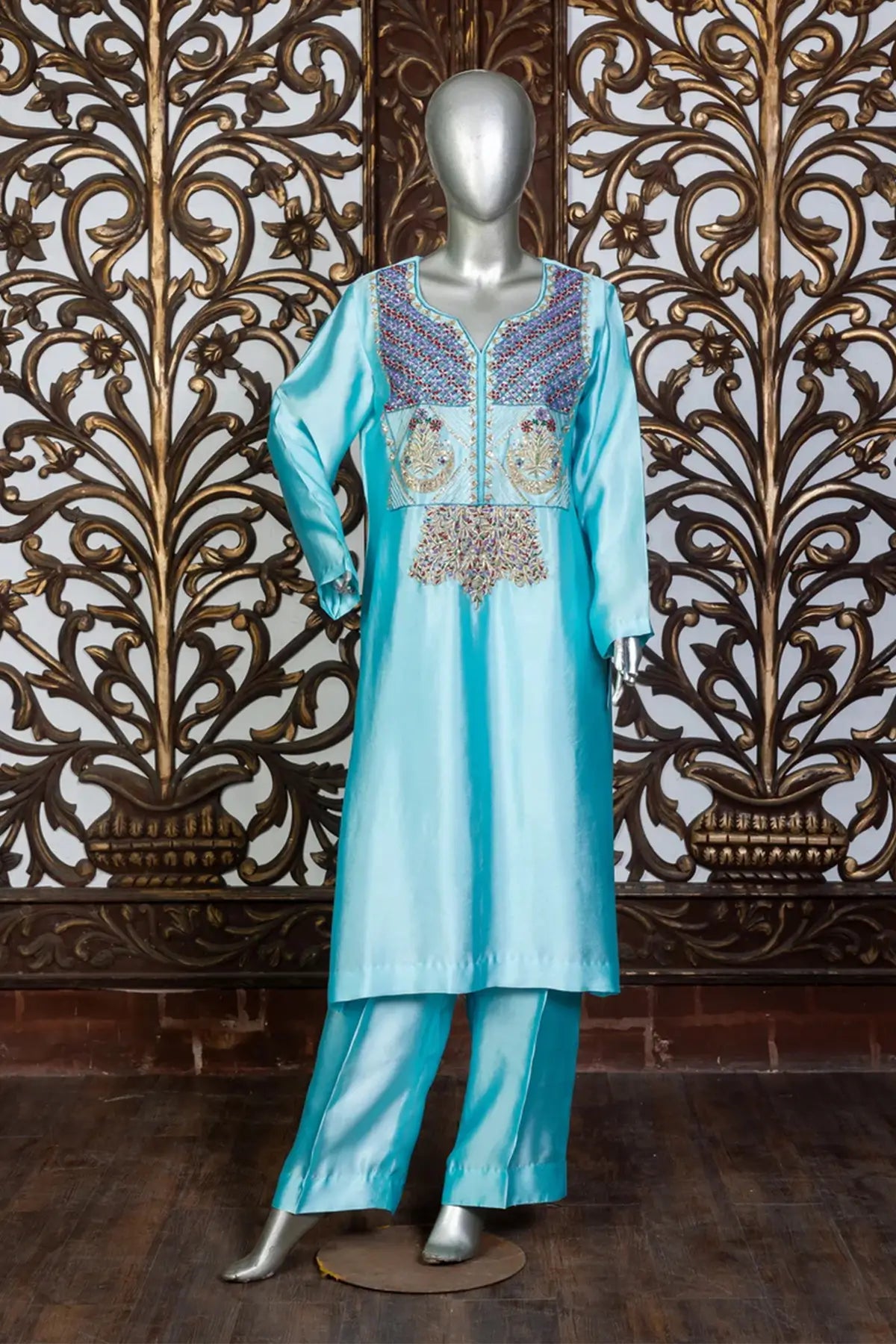 Irzah – Pakistani Embroidered Silk Outfit for Formal Functions with Net Dupatta