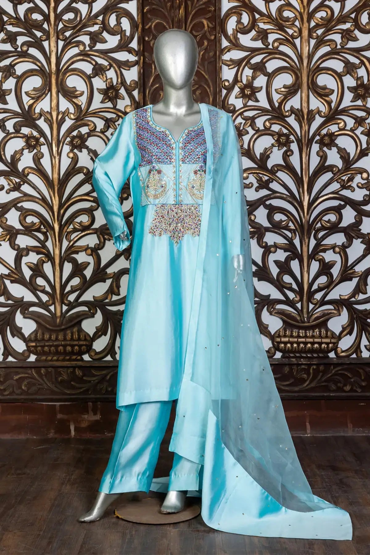Irzah – Pakistani Embroidered Silk Outfit for Formal Functions with Net Dupatta