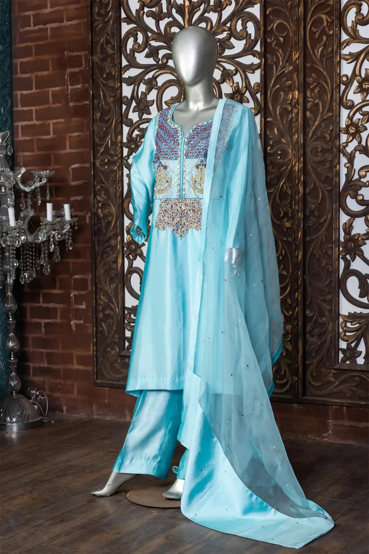 Irzah – Pakistani Embroidered Silk Outfit for Formal Functions with Net Dupatta