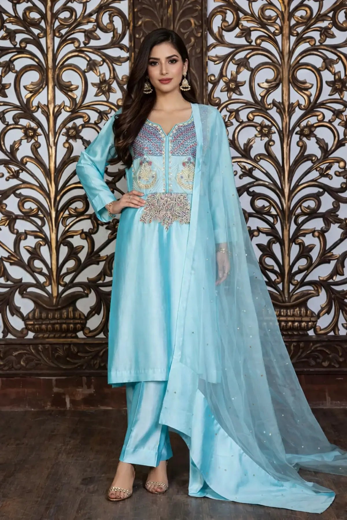 Irzah – Pakistani Embroidered Silk Outfit for Formal Functions with Net Dupatta