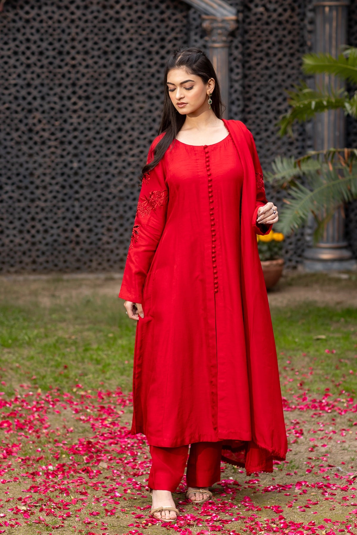 Ishq deep red Korean raw silk 3PC Eid Edit 2026 with cutwork embroidery by MariamRaj