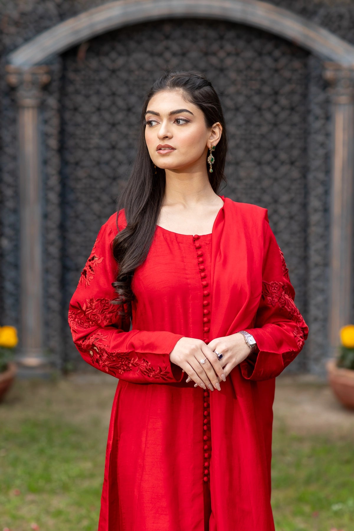 korean raw silk dress Ishq Shop Deep Red Korean Raw Silk 3PC for Eid