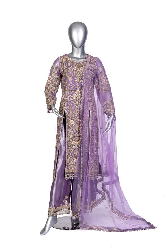 Isleen Lilac Formal Dress with Baby Pink Resham Flowers, Tissue Bottom & Dupatta by MariamRaj 