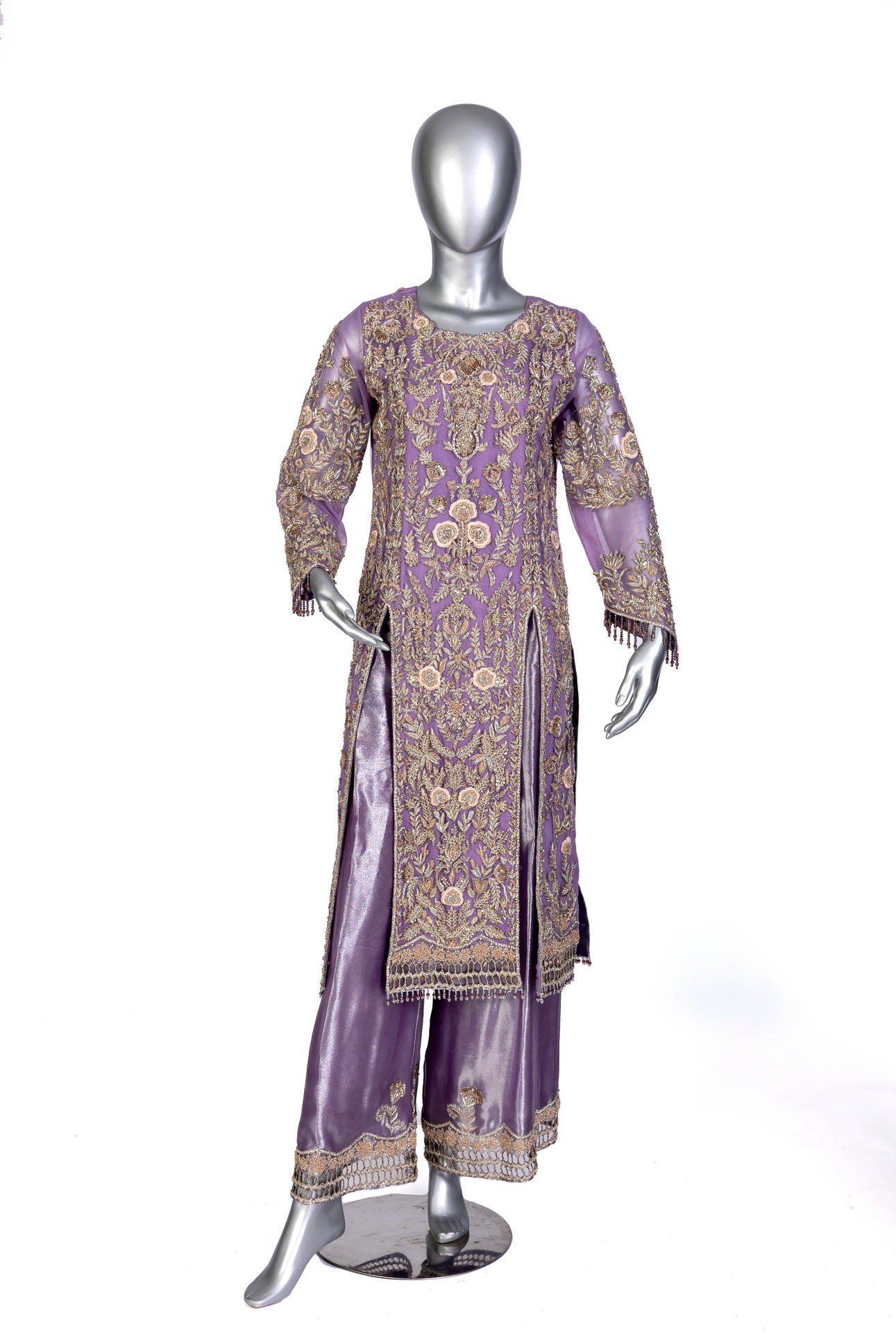 Isleen Lilac Formal Dress with Baby Pink Resham Flowers, Tissue Bottom & Dupatta by MariamRaj