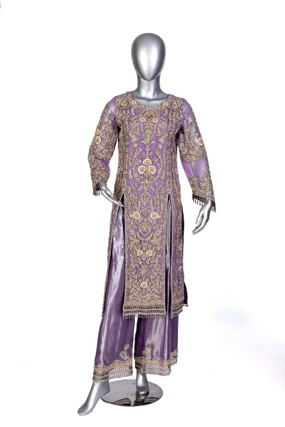 Isleen Lilac Formal Dress with Baby Pink Resham Flowers, Tissue Bottom & Dupatta by MariamRaj