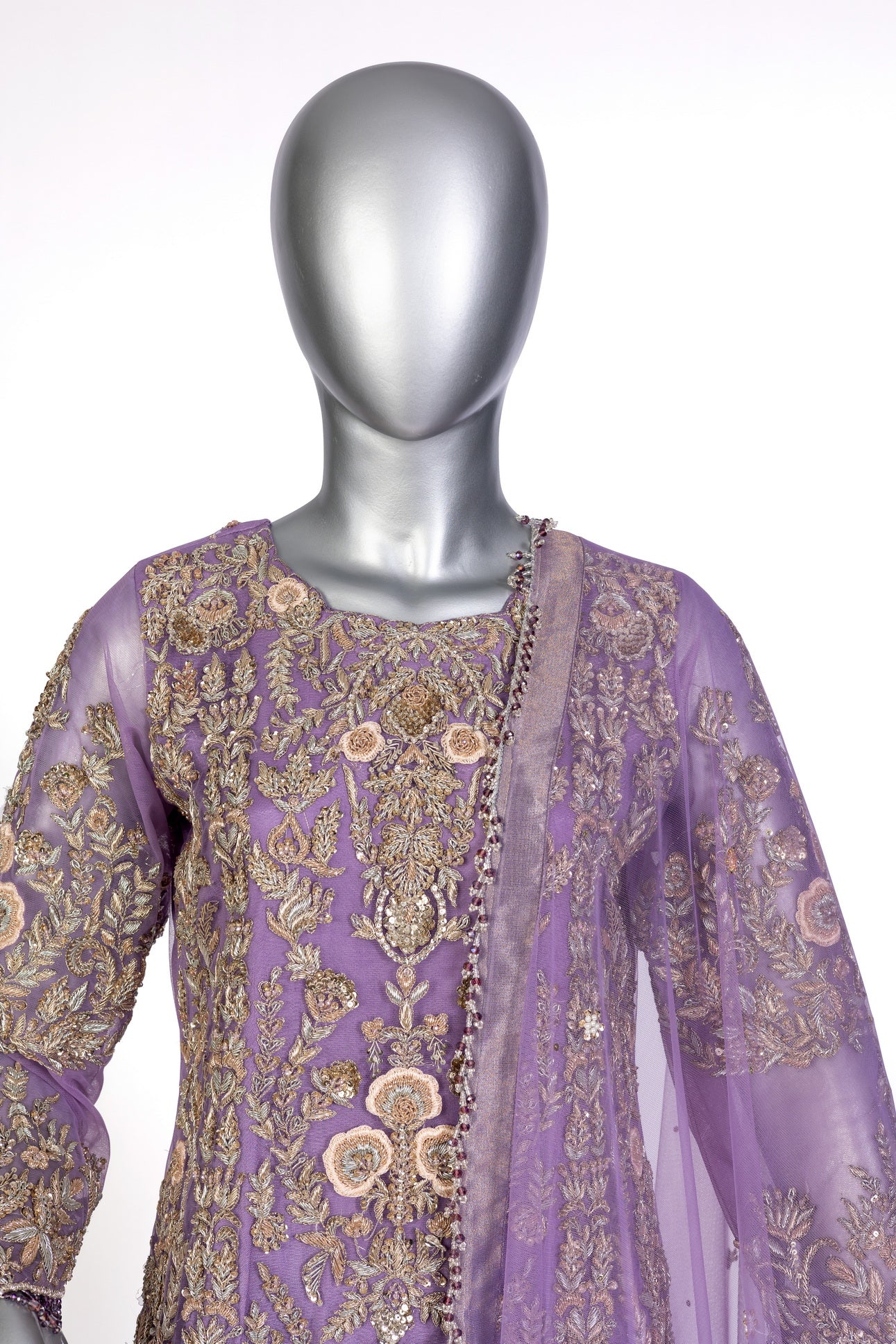 Isleen Lilac Formal Dress with Baby Pink Resham Flowers, Tissue Bottom & Dupatta by MariamRaj