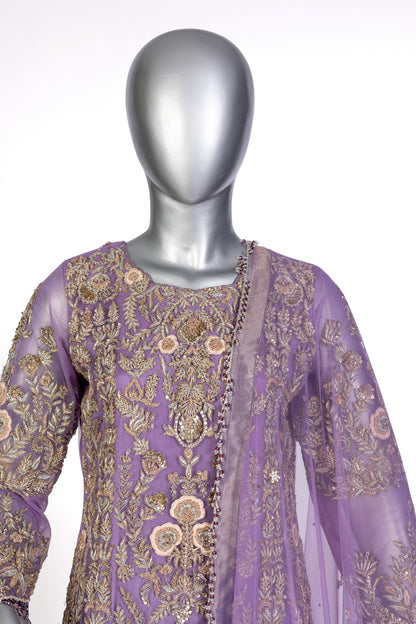 Isleen Lilac Formal Dress with Baby Pink Resham Flowers, Tissue Bottom & Dupatta by MariamRaj