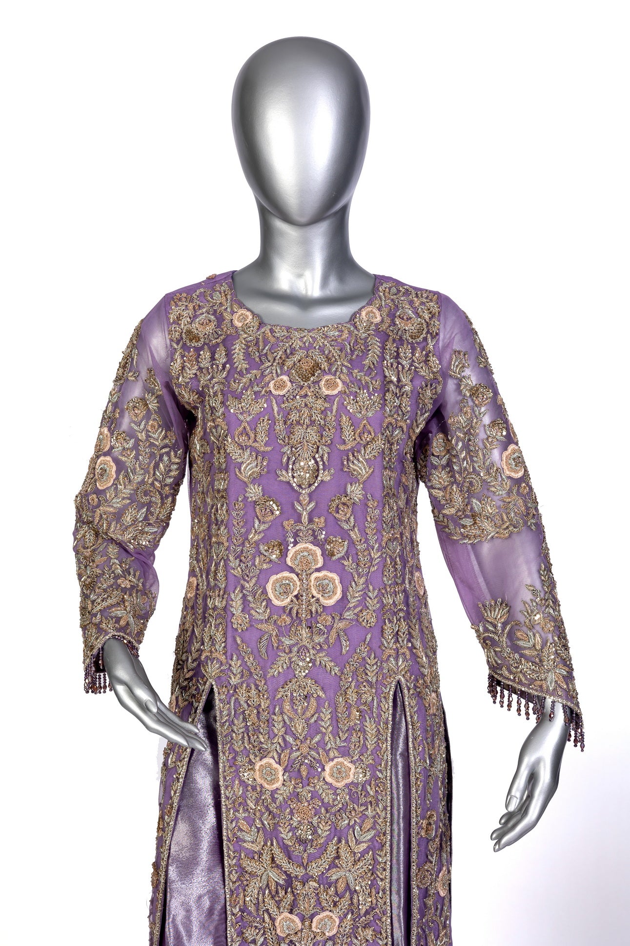 Isleen Lilac Formal Dress with Baby Pink Resham Flowers, Tissue Bottom & Dupatta by MariamRaj