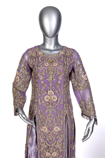 Isleen Lilac Formal Dress with Baby Pink Resham Flowers, Tissue Bottom & Dupatta by MariamRaj