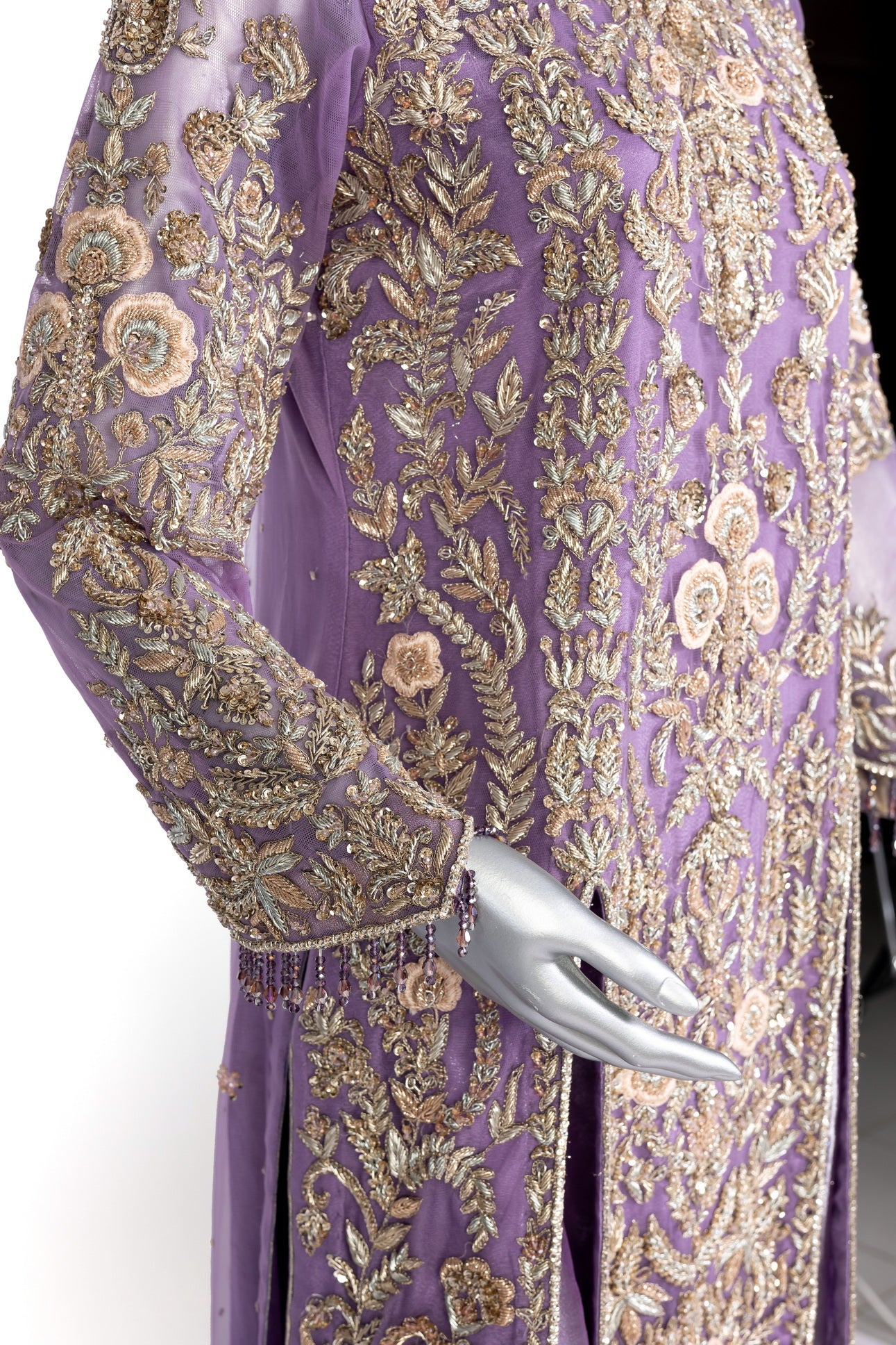 Isleen Lilac Formal Dress with Baby Pink Resham Flowers, Tissue Bottom & Dupatta by MariamRaj