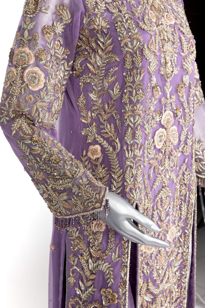 Isleen Lilac Formal Dress with Baby Pink Resham Flowers, Tissue Bottom & Dupatta by MariamRaj