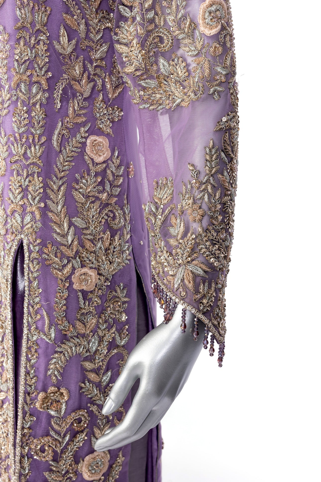 Isleen Lilac Formal Dress with Baby Pink Resham Flowers, Tissue Bottom & Dupatta by MariamRaj