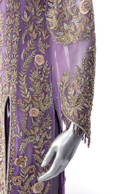 Isleen Lilac Formal Dress with Baby Pink Resham Flowers, Tissue Bottom & Dupatta by MariamRaj