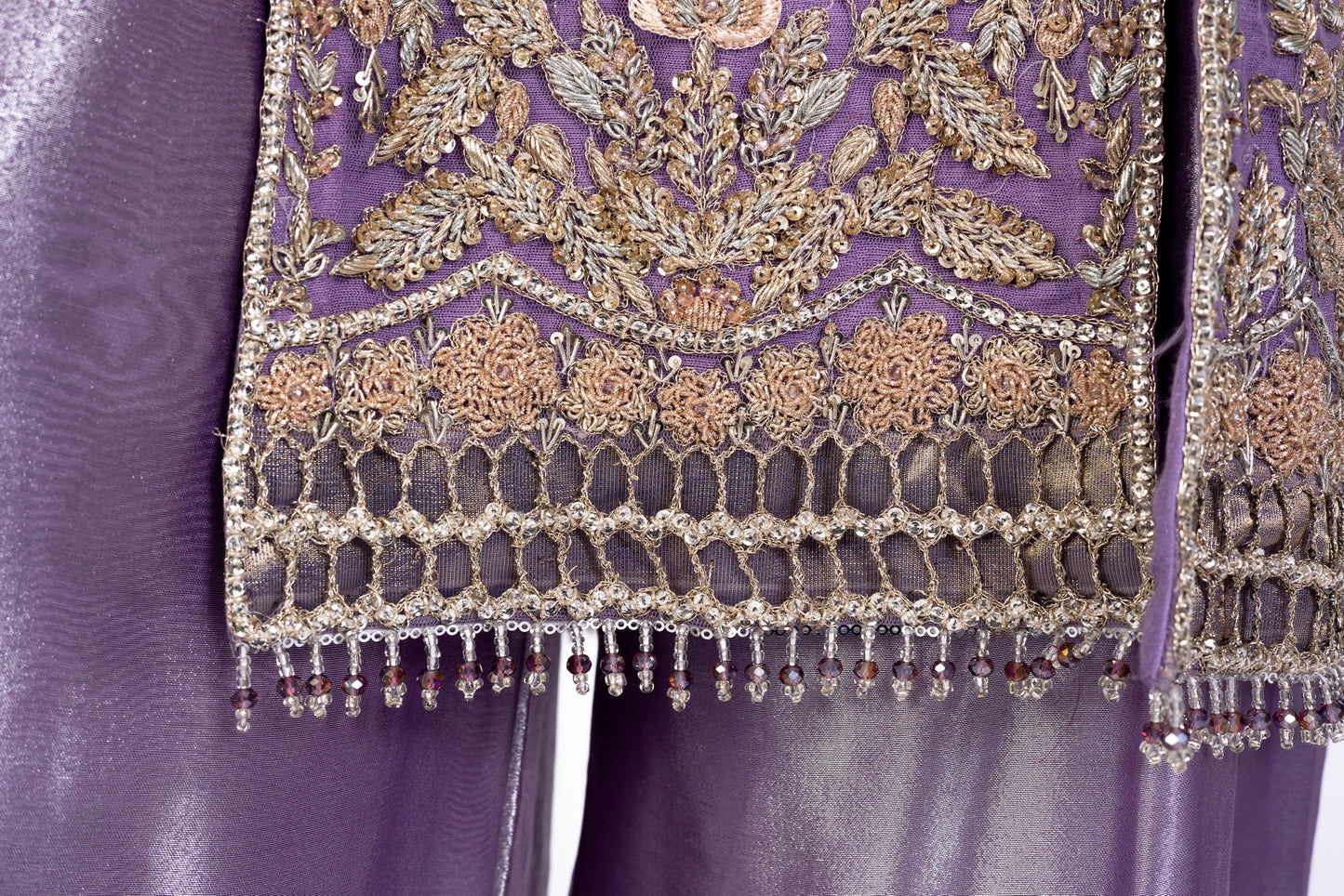Isleen Lilac Formal Dress with Baby Pink Resham Flowers, Tissue Bottom & Dupatta by MariamRaj