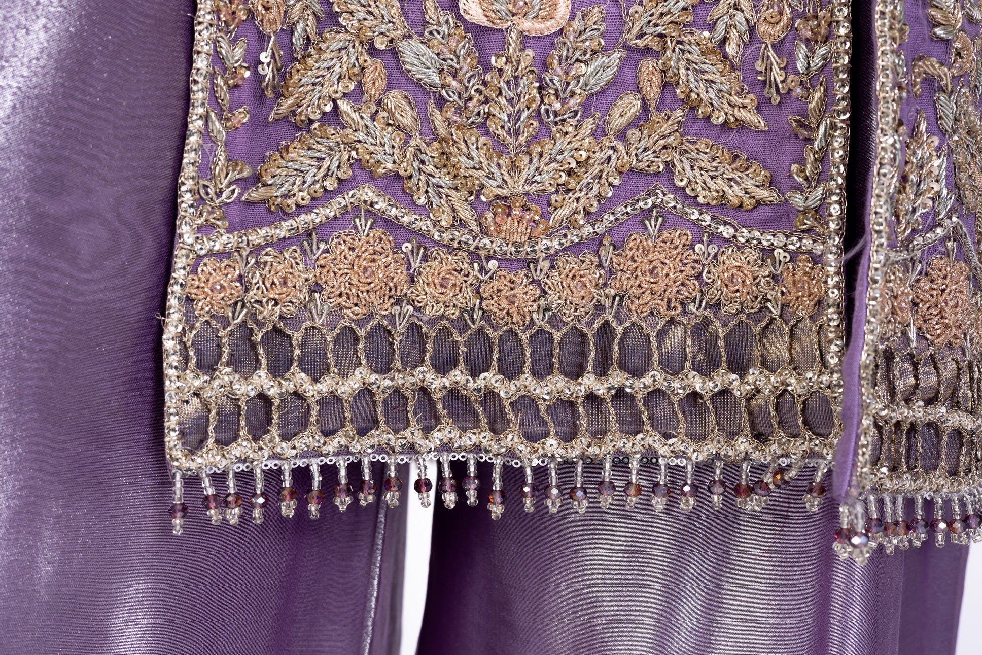 Isleen Lilac Formal Dress with Baby Pink Resham Flowers, Tissue Bottom & Dupatta by MariamRaj