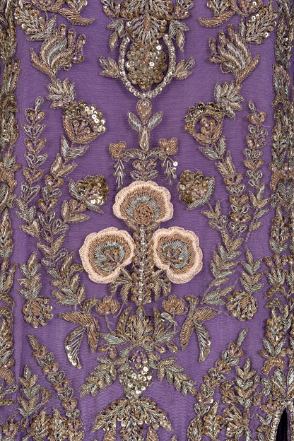 Isleen Lilac Formal Dress with Baby Pink Resham Flowers, Tissue Bottom & Dupatta by MariamRaj