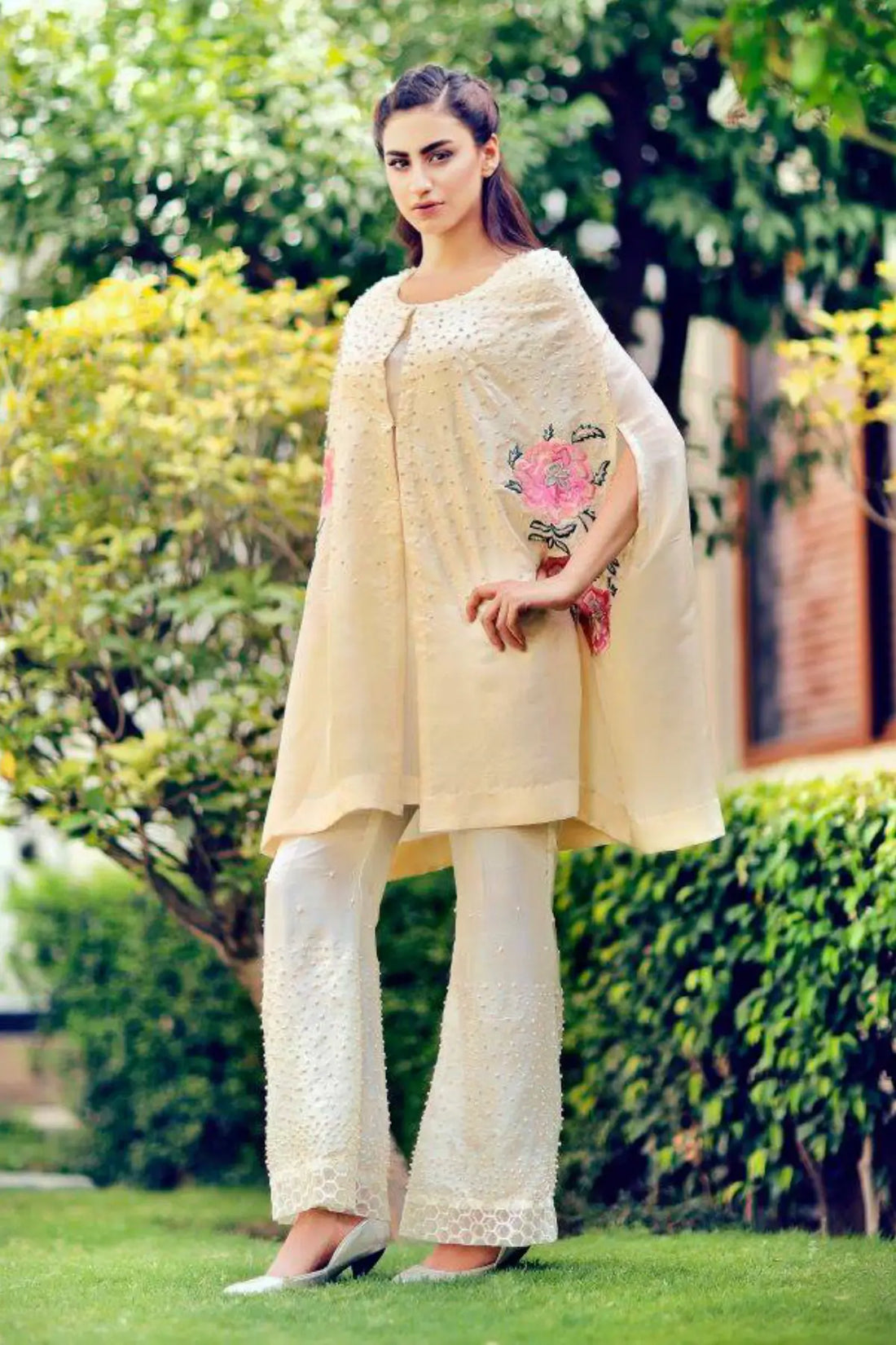 Ivory-Stylish Silk Cape with Pearls and Roses Pakistani Party Wear