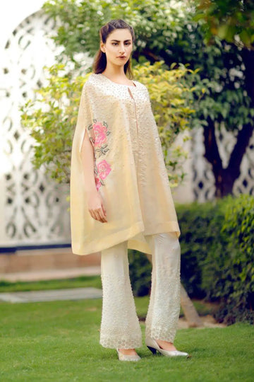 Ivory-Stylish Silk Cape with Pearls and Roses Pakistani Party Wear