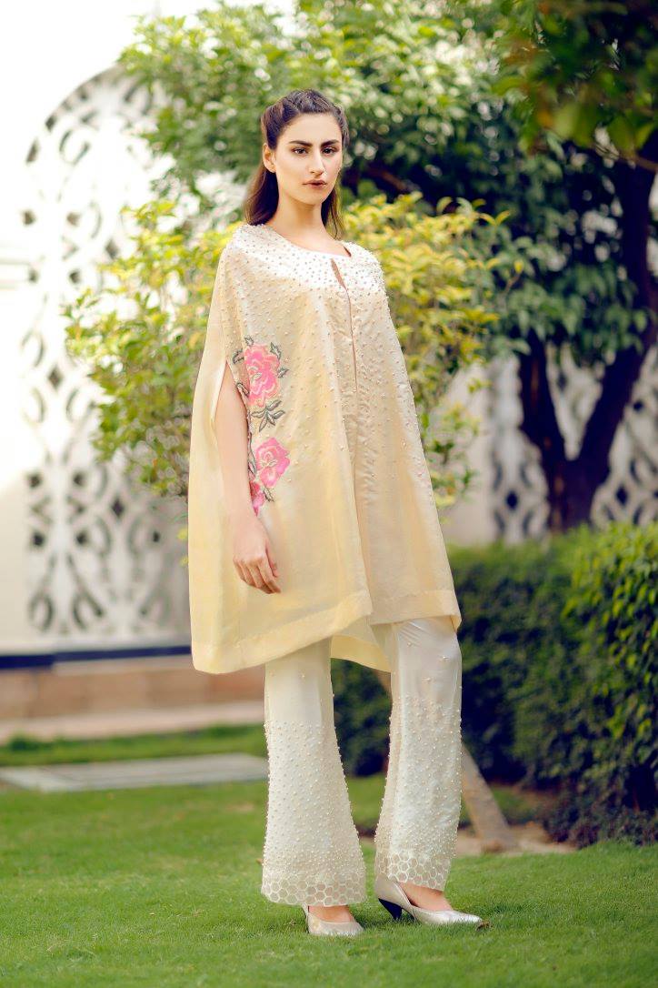 Ivory-Stylish Silk Cape with Pearls and Roses Pakistani Party Wear