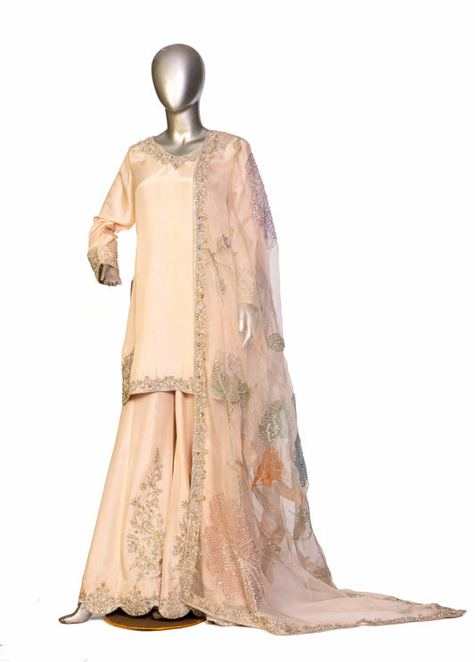 Pakistani bridal sharara set with raw silk shirt, hand embellishments, and hand-painted organza dupatta – perfect for nikkah ceremony, USA delivery available.