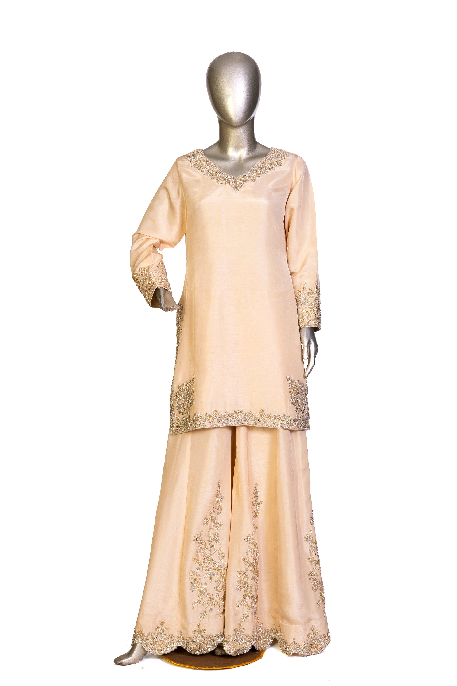 Pakistani bridal sharara set with raw silk shirt, hand embellishments, and hand-painted organza dupatta – perfect for nikkah ceremony, U.SA delivery available