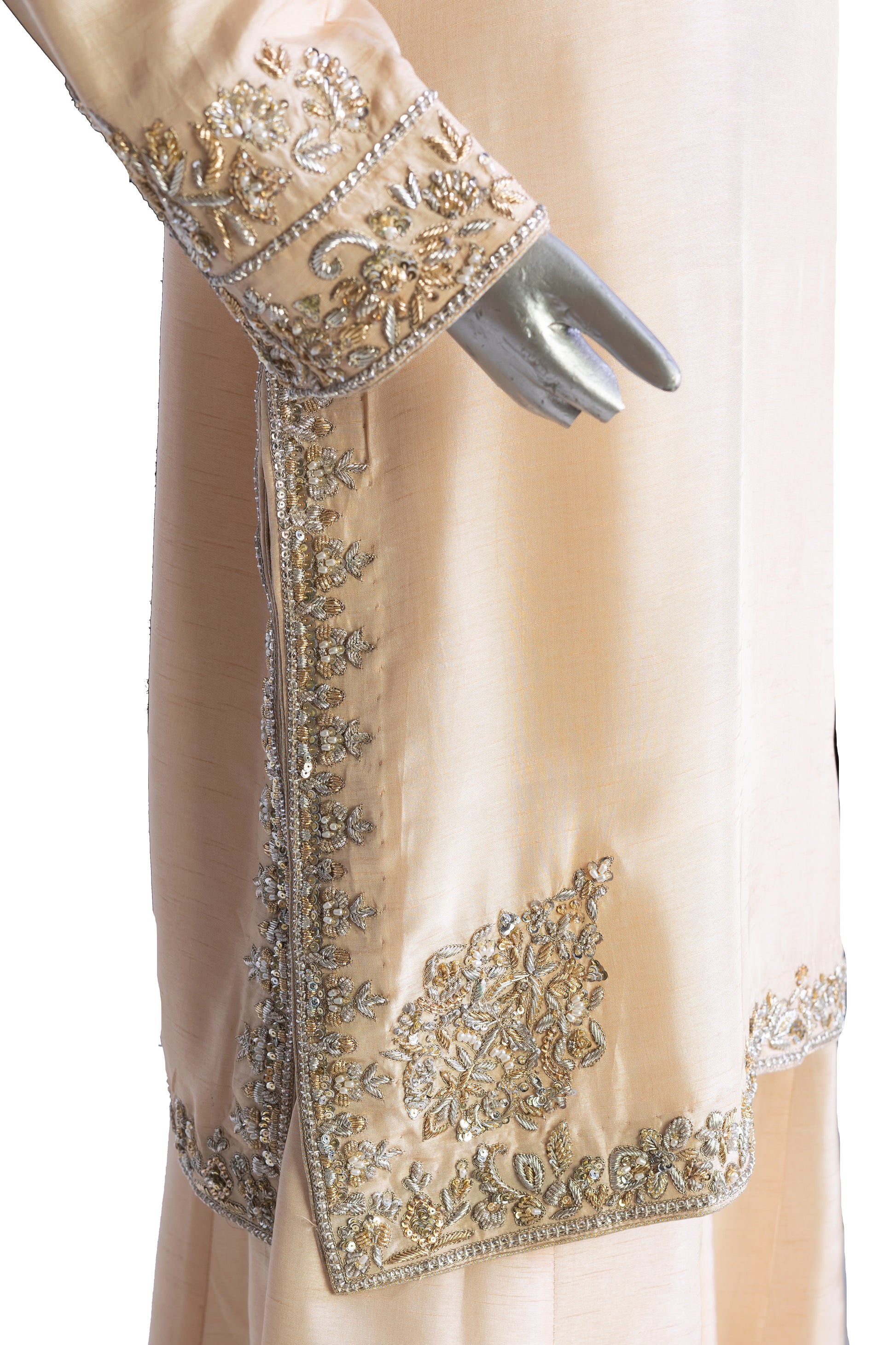 Pakistani bridal sharara set with raw silk shirt, hand embellishments, and hand-painted organza dupatta – perfect for nikkah ceremony, USA delivery available.