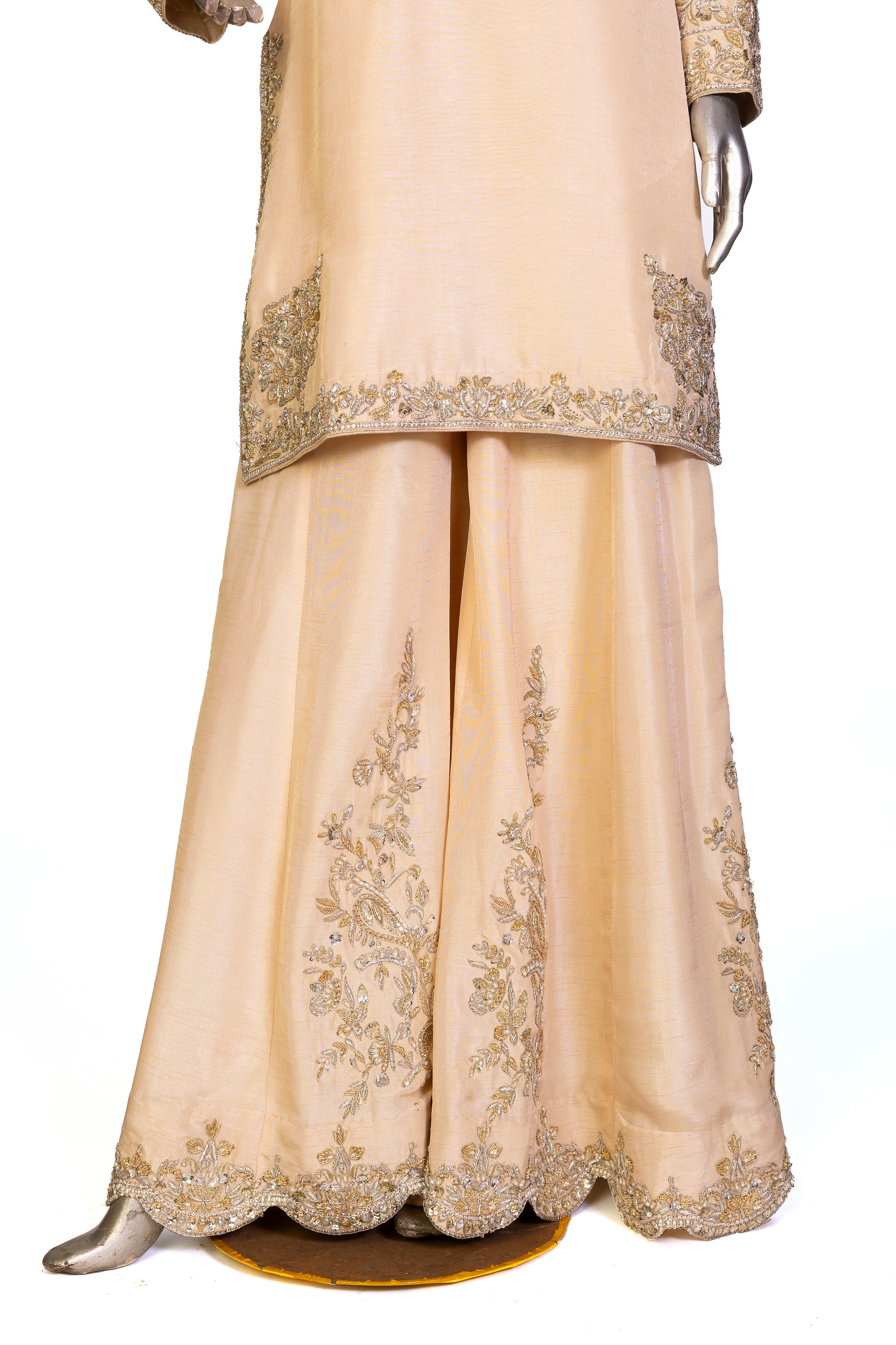 Pakistani bridal sharara set with raw silk shirt, hand embellishments, and hand-painted organza dupatta – perfect for nikkah ceremony, USA delivery available.