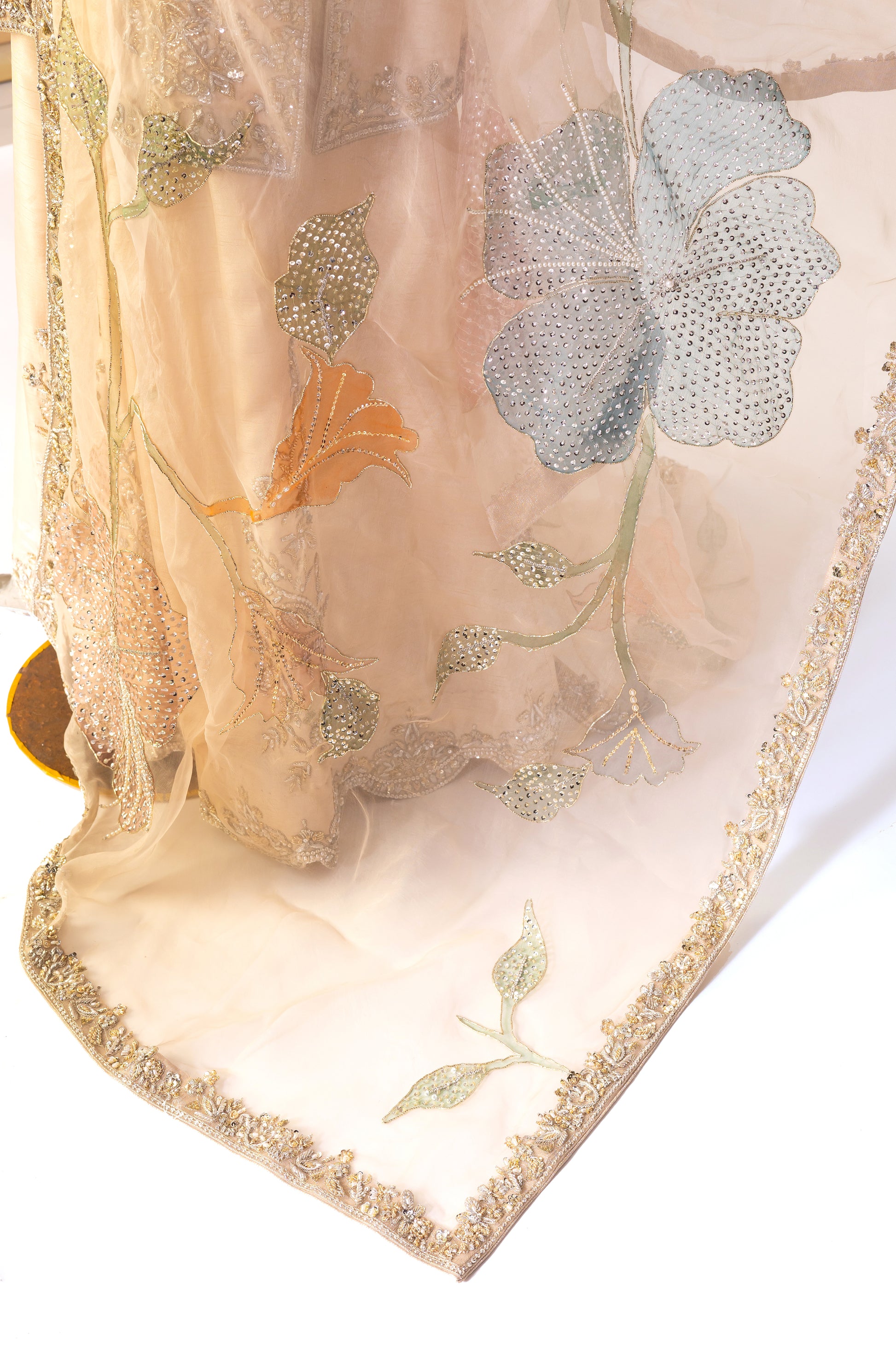 Pakistani bridal sharara set with raw silk shirt, hand embellishments, and hand-painted organza dupatta – perfect for nikkah ceremony, USA delivery available.