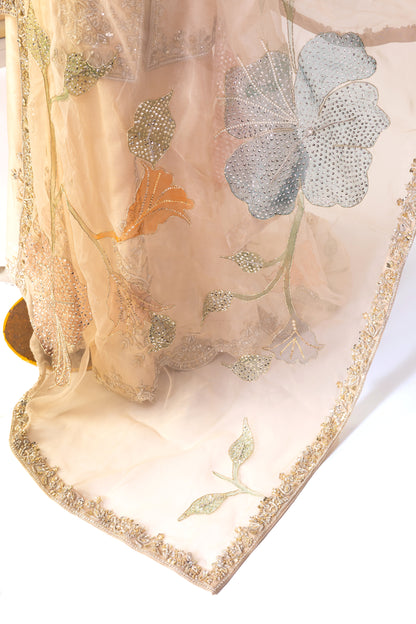 Pakistani bridal sharara set with raw silk shirt, hand embellishments, and hand-painted organza dupatta – perfect for nikkah ceremony, USA delivery available.