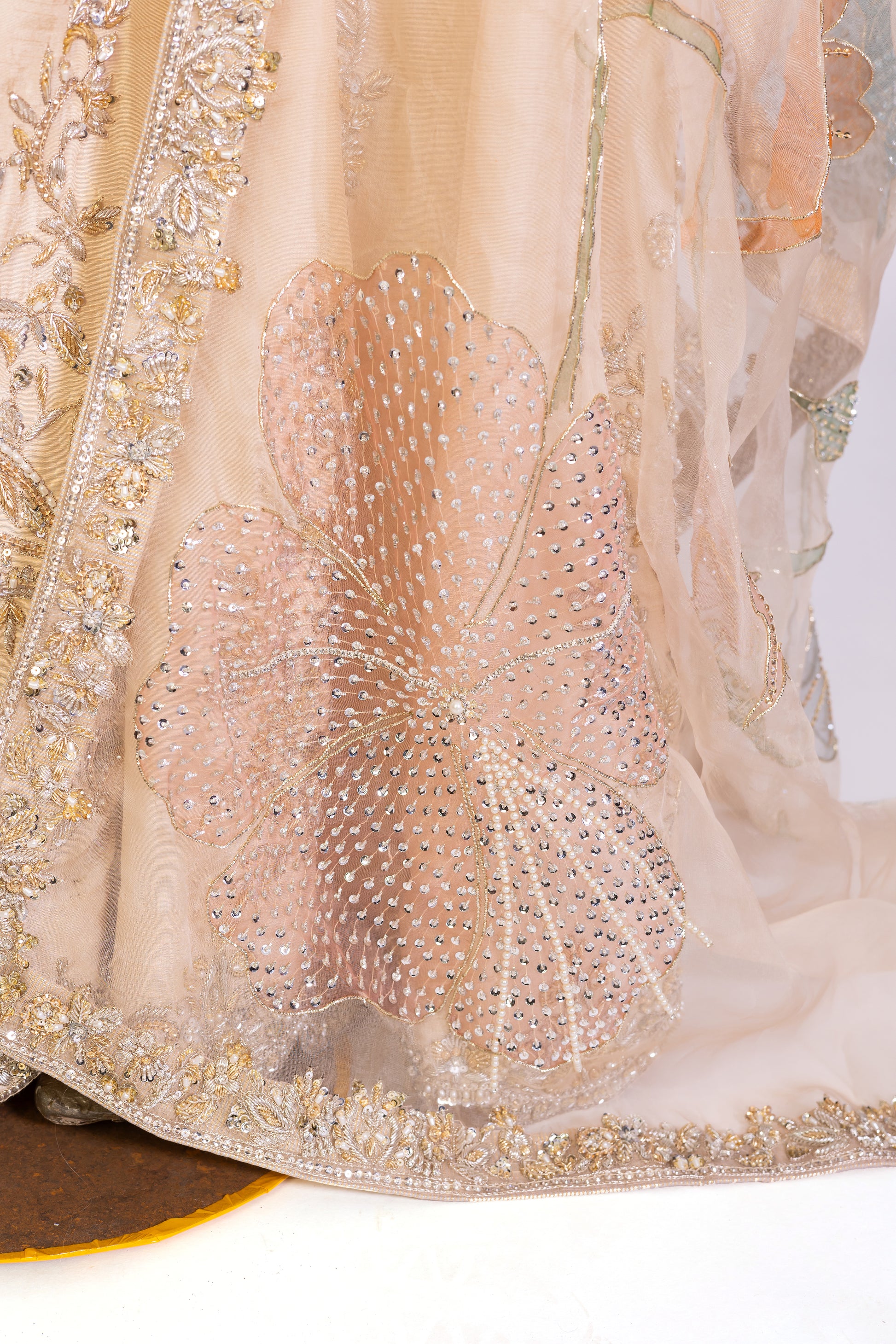 Pakistani bridal sharara set with raw silk shirt, hand embellishments, and hand-painted organza dupatta – perfect for nikkah ceremony, USA delivery available.