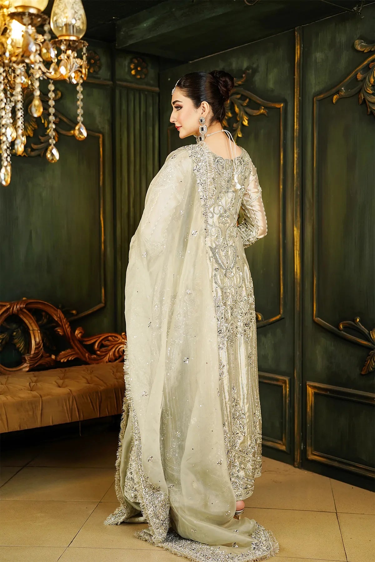 Silver bridal tissue maxi 3PC with hand embellishment and organza dupatta for wedding and formal wear
