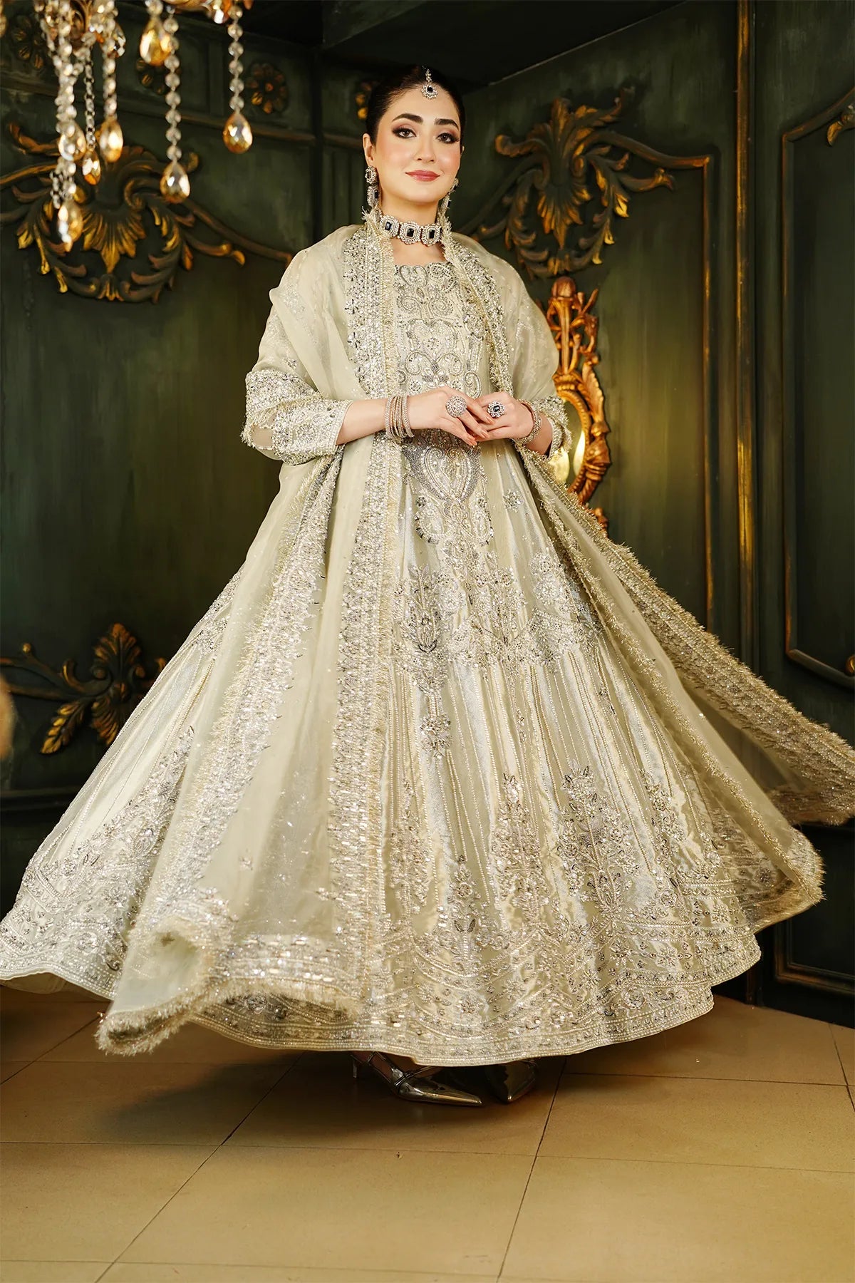 Silver bridal tissue maxi 3PC with hand embellishment and organza dupatta for wedding and formal wear