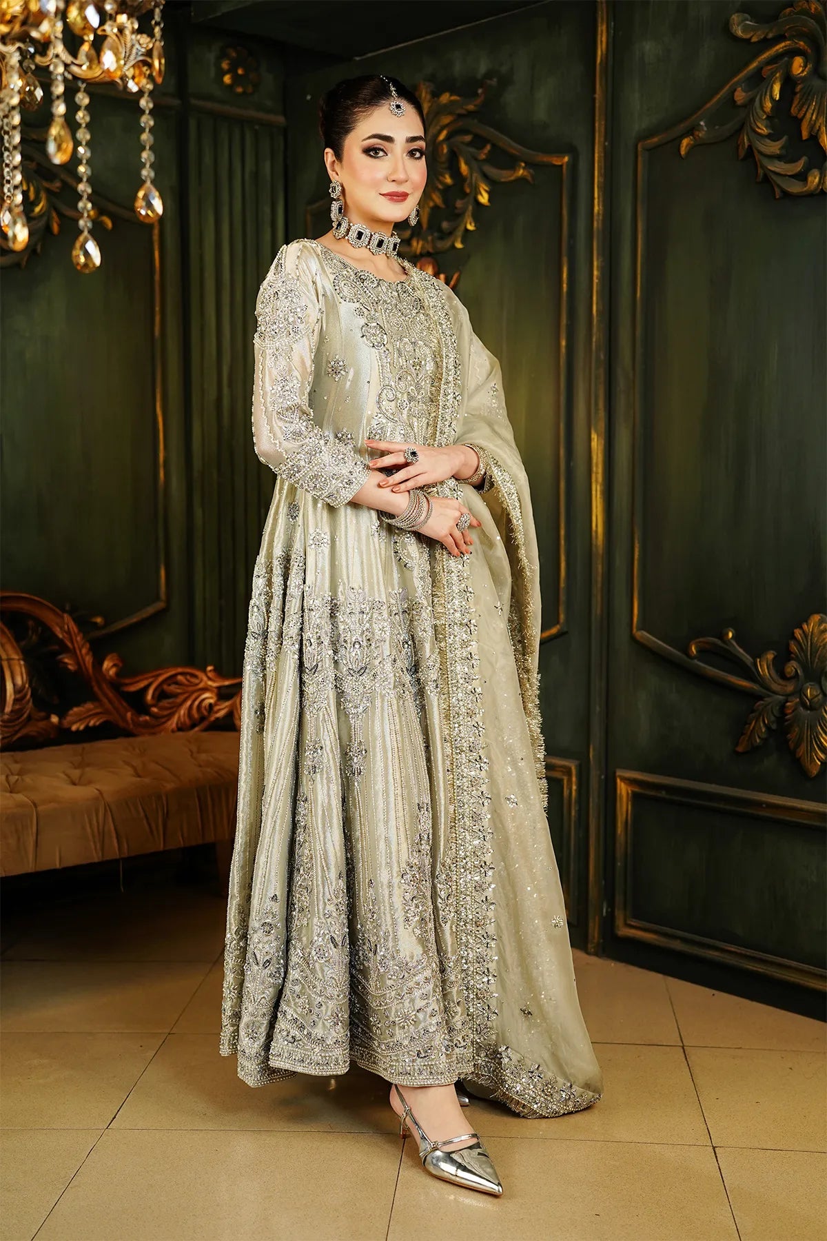 Silver bridal tissue maxi 3PC with hand embellishment and organza dupatta for wedding and formal wear