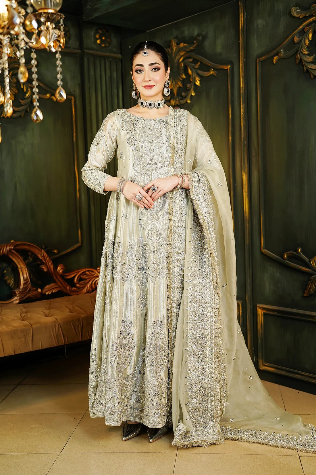 Silver bridal tissue maxi 3PC with hand embellishment and organza dupatta for wedding and formal wear
