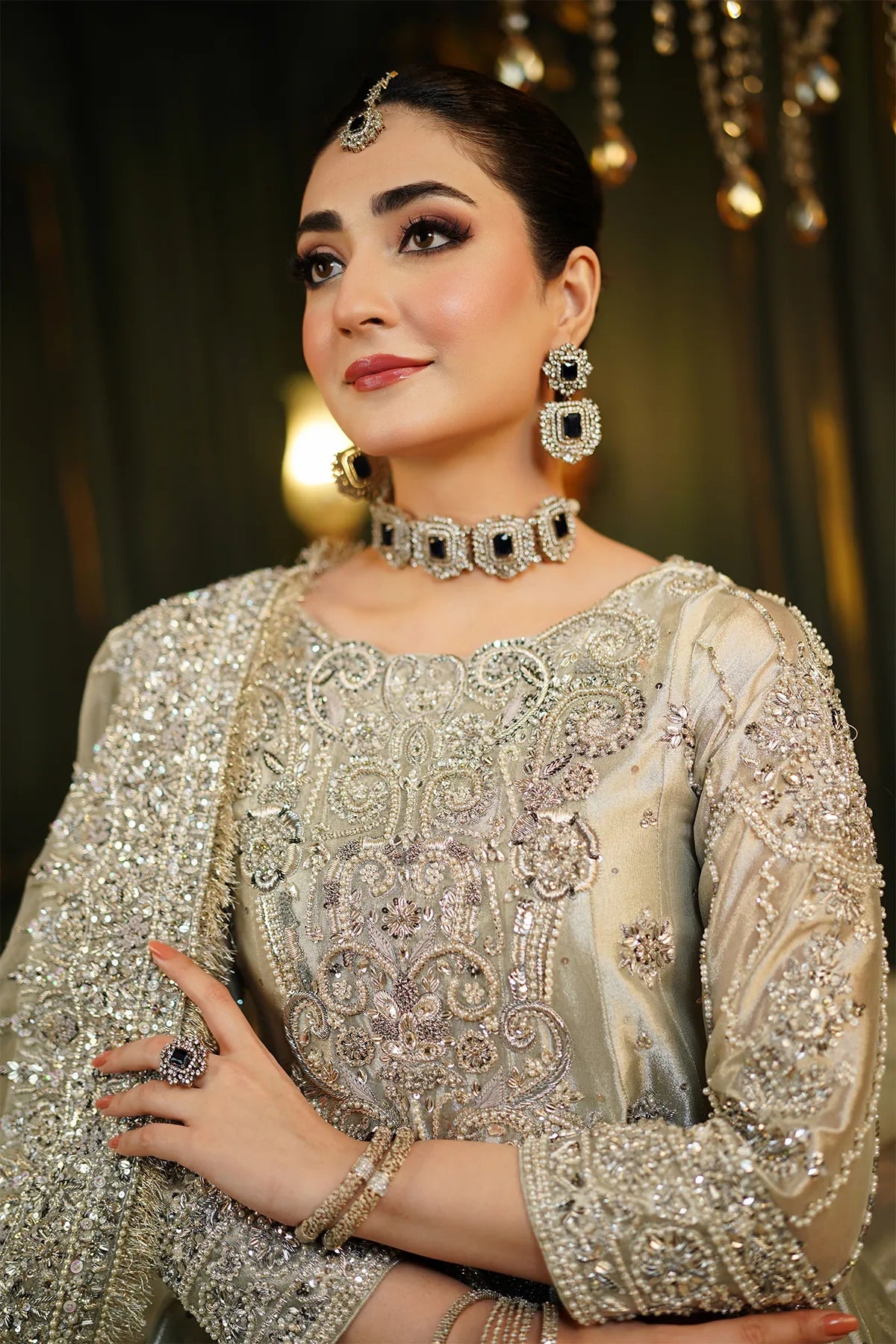 Silver bridal tissue maxi 3PC with hand embellishment and organza dupatta for wedding and formal wear