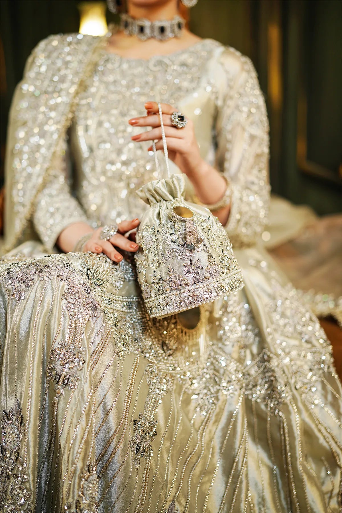 Silver bridal tissue maxi 3PC with hand embellishment and organza dupatta for wedding and formal wear